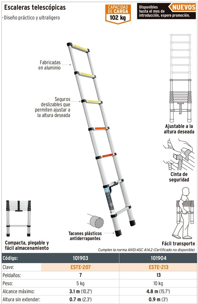 Escalera telescópica, 7 peldaños, tipo II, capacidad 102kg