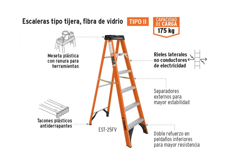 Escalera de tijera, tipo ll, 5 peldaños, fibra de vidrio Truper